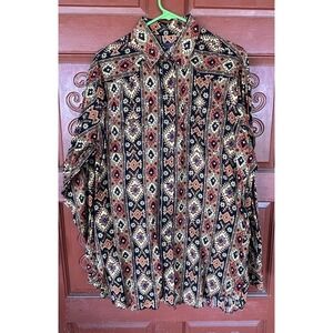 Vtg Panhandle Slim Western Shirt Mens  Aztec Retro Snap Blue label  USA Sz 17-37